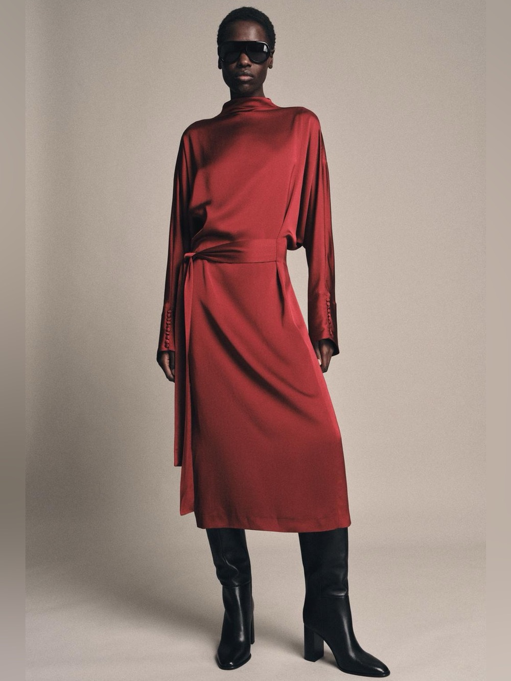 Satin Viscose Midi Dress W Ties Stand-Up Button Up Collar Long Sleeves W Button